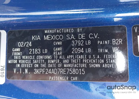 2024 Kia Forte Lxs from USA, damaged, VIN 3KPF24AD7RE758015
